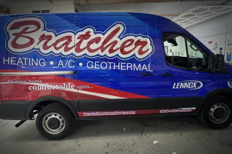 Bratcher HVAC Ford Transit van wrap by Chicago Fleet Wraps